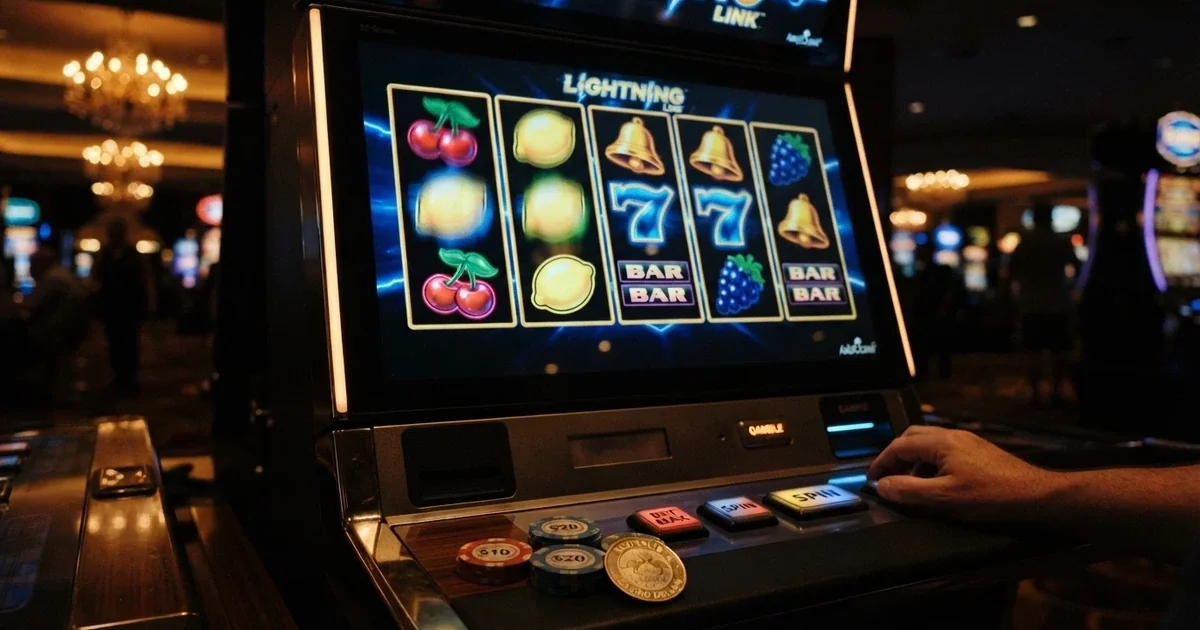 A row of colourful online pokies reels glowing on a dark screen with Australian dollar notes visible in the foreground