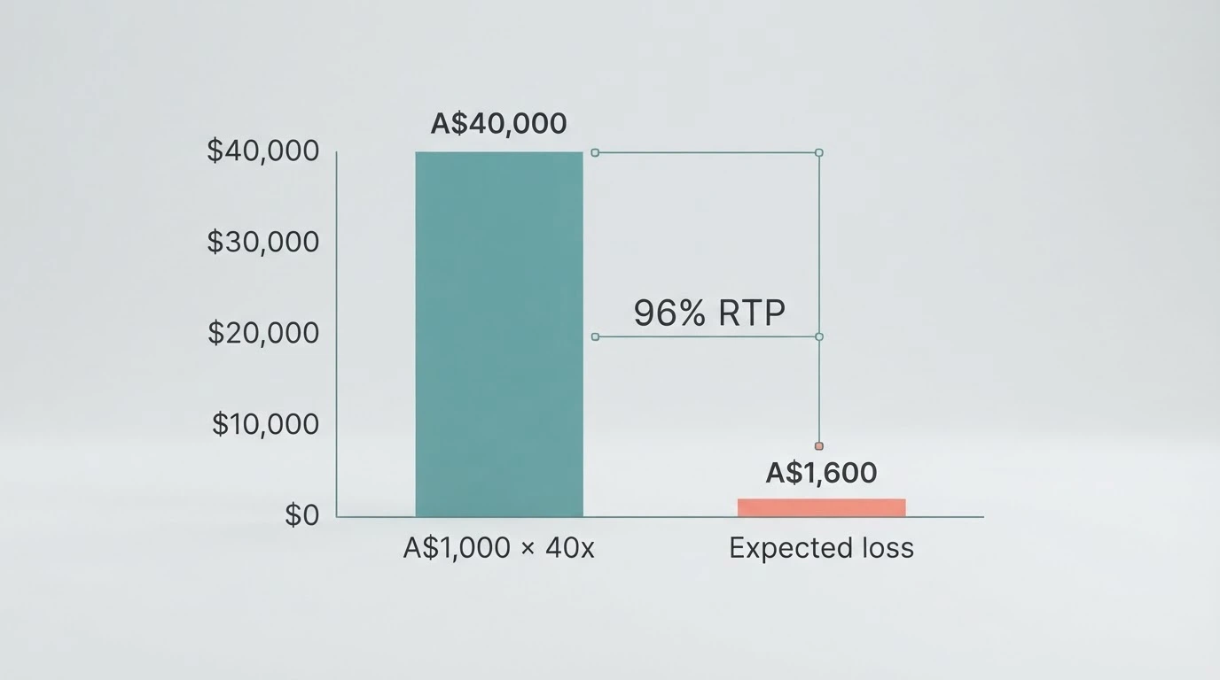A visual breakdown of a A$1,000 bonus with a 40x wagering requirement, showing the A$40,000 turnover figure and the expected-loss calculation at 96% RTP