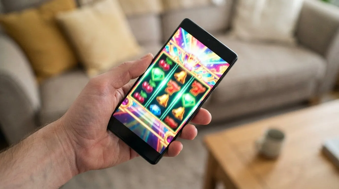 A hand holding a smartphone displaying a pokies game in a mobile browser interface with no app-store icon visible