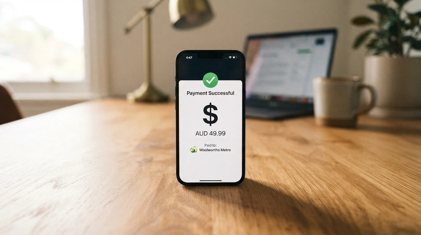 A smartphone screen displaying a PayID transfer confirmation with a dollar amount and a timestamp reading under 60 seconds