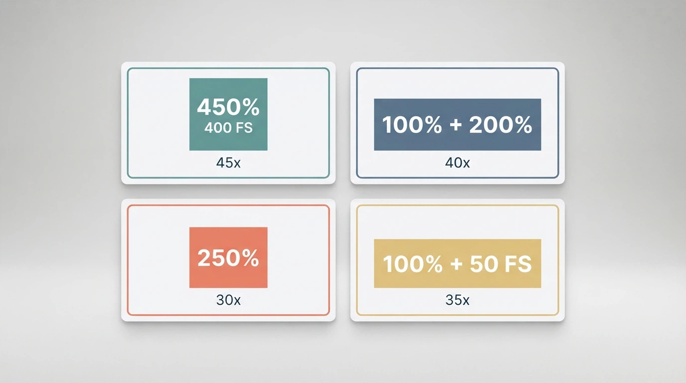 A side-by-side grid of welcome-offer cards from different pokies sites showing varying bonus percentages and free-spin counts